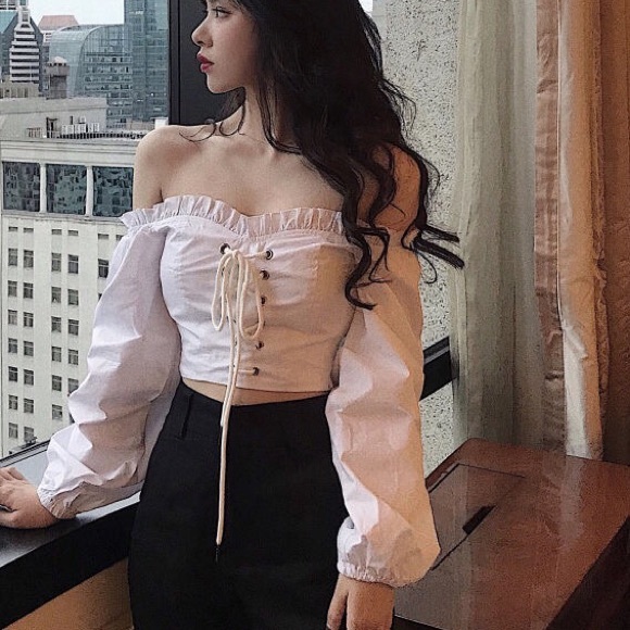 Off shoulder crop top blouse sexy lace up white tie womens shirt - Picture 2 of 6